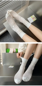 Detail of white hollow-out knit crew socks featuring wavy texture and elastic cuffs