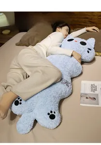 Close-up of soft sky blue long cat plush pillow with cute paw embroidery and curly fleece