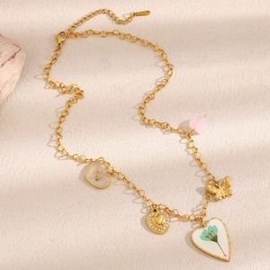 18K gold plated stainless steel necklace with dried flower and butterfly heart charms
