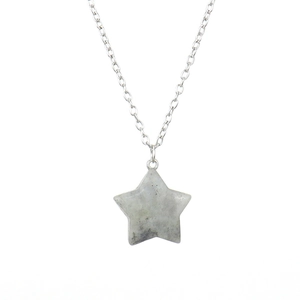 Detailed close-up of a 2.5cm star-shaped natural crystal agate stone pendant on a silver chain