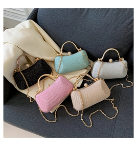 Glitter evening clutch bags in multiple colors with gold metal handles and chain straps