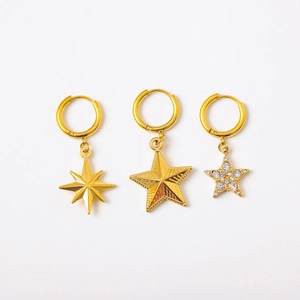 Three gold s925 silver star earrings including octagonal and rhinestone pentagram designs