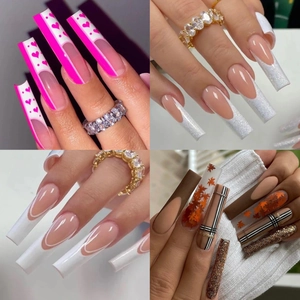 Set di unghie finte XXL lunghe a bara con glitter, punte French e decorazioni a cuore