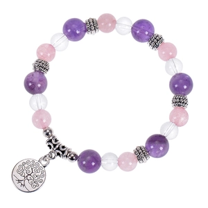 Vue détaillée du bracelet de yoga en Jaspe Zèbre Rose avec pendentif Arbre de Vie