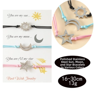 Detail view of adjustable woven sun moon and star bracelets with stainless steel charms