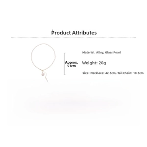 Detailed spec sheet showing 53cm camellia pearl necklace size and alloy material