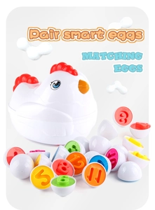 Close-up of hen-shaped storage box with colorful number matching eggs for toddler learning