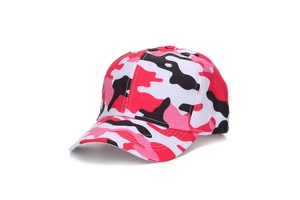 Detail of pink camouflage baseball cap showing twill cotton fabric and premium stitching
