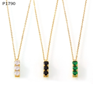 Detail of P1790 minimalist gold necklaces with vertical triple-set cubic zirconia in three colors