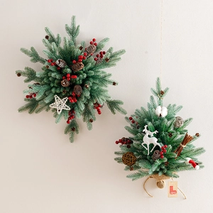 Artificial Christmas Wreath And Mini Tree Wall Hanging Decor With Pine Cones Red Berries Ribbon Bows For Holiday Party