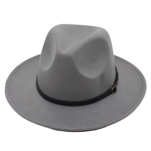Classic grey wide brim fedora hat with black leather band and gold buckle detail