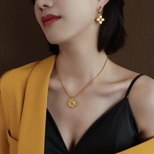 Irregular geometric square pendant necklace and cross earrings set in 18k gold plated finish