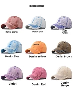 Rasteransicht von gewaschenen Denim-Baseballkappen in neun Vintage-Farben mit Nähten