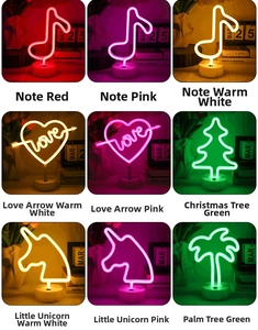 Detailed grid showing diverse LED neon light designs with round base for home decor