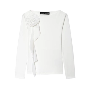 White long sleeve off-shoulder top for women featuring large 3D fabric flower and ruffles