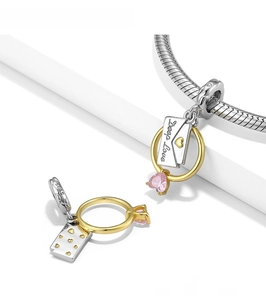 S925 silver envelope charm with pink heart gemstone and Deep Love engraving detail
