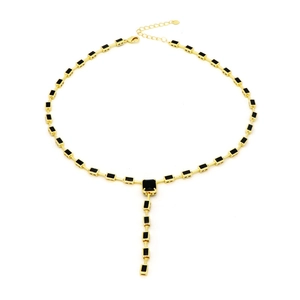 Elegant gold-plated T-bar necklace with black zircon bamboo accents on white background