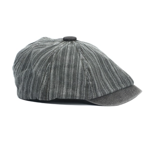 Classic dark grey striped newsboy cap for men and women with vintage herringbone style fabric