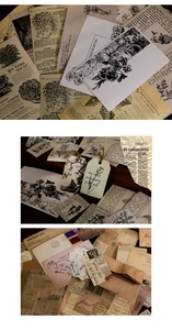Dettaglio macro di adesivi vintage con funghi e farfalle e decorazioni in spago