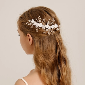 Peigne à Cheveux Mariée Fleurs en Pâte Polymère Blanche Avec Künstliche Perle d'Imitation Cristal Fil d'Argent Mariage Pour Femmes