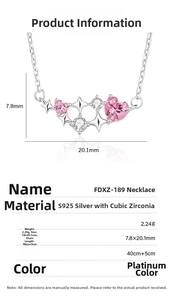 Close-up of S925 silver necklace pendant with pink heart and star dimensions 7.8x20.1mm