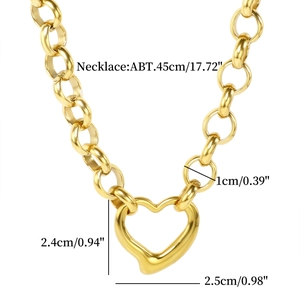 Detailed size chart of a golden O-chain necklace with a hollow heart-shaped pendant