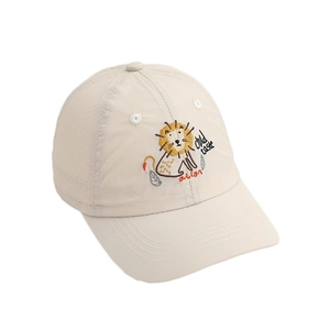 Beige quick-dry kids baseball cap with cartoon lion embroidery for outdoor sun protection