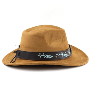 Detail of western cowboy hat with turquoise embroidery and bronze studs on leather band