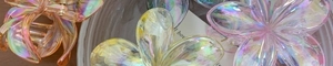 Macro shot of iridescent acrylic frangipani hair claw clip with colorful laser finish
