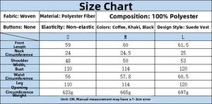 Detailed size chart for the women suede vest featuring measurements in centimeters
