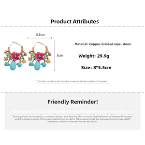 Ethnic drop earrings with turquoise stones, pink flowers, and metal elephant charms detail