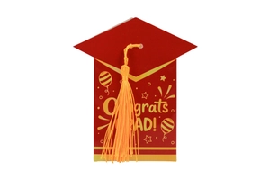 Red graduation cap gift box with yellow tassel and gold Congrats Grad text