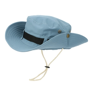 Close-up of light blue quick-dry outdoor sun hat with adjustable strap and side snaps