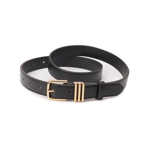 Minimalist black PU leather belt with square gold buckle and three decorative metal rings