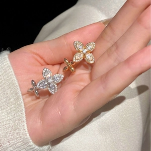 Elegant french zircon flower open rings in gold and silver finish for women