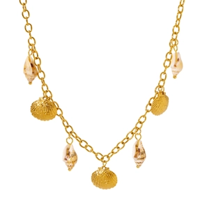 Gold stainless steel necklace with seashell and scallop pendants on white background