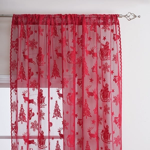 Rideau de Noël en dentelle rouge avec motifs Père Noël et rennes pour décoration festive