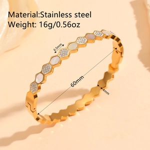 Rose gold stainless steel honeycomb bracelet with mother of pearl and zircon stones