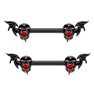 Detail of gothic barbell rings with black skulls, bat wings, and heart-shaped red gems