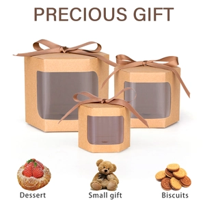 Three-piece set of hexagonal kraft paper gift boxes with windows and satin ribbons