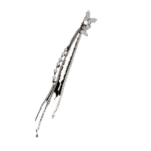 Silver butterfly tassel hair accessory with sparkling rhinestones and elegant pearls
