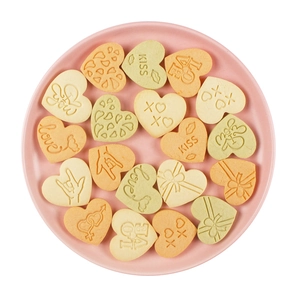 Set of 10 heart-shaped 3D Valentine's cookie molds with LOVE and KISS embossed patterns