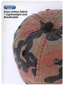 Macro detail of camouflage cotton baseball cap with metal eyelets and breathable fabric