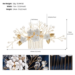 Detailed view of handmade bridal hair comb with clay flowers and pearls on gold wire