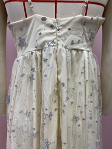 Detail of beige mesh evening dress featuring silver sequin floral and star embroidery