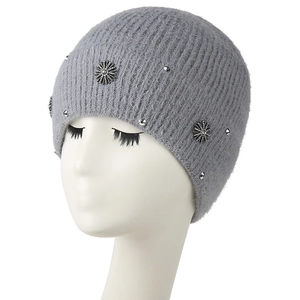 Gray winter thermal ribbed beanie hat for women decorated with silver metallic flowers