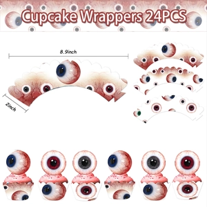 Detailed view of 24PCS bloody eyeball cupcake wrappers with size specs for scary parties