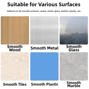Detail showing adhesive cable organizer compatibility with wood metal glass and marble surfaces