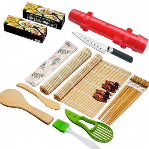Complete 20-piece DIY bamboo sushi making set with rollers, mold, and utensils on white background