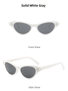 White cat-eye glasses frame with rhinestones and grey lenses front and side view